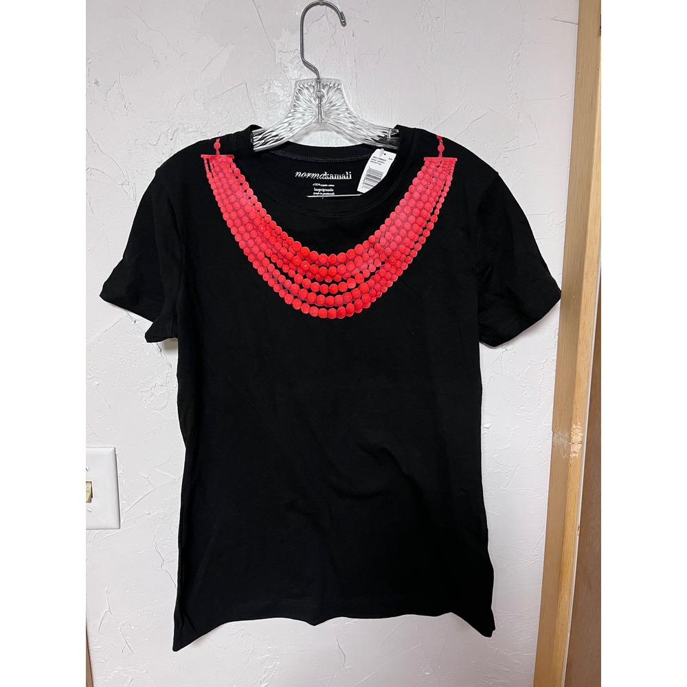 Norma‎ Kamali Black Organic Cotton Crew Neck T Shirt Beaded Necklace Graphic L